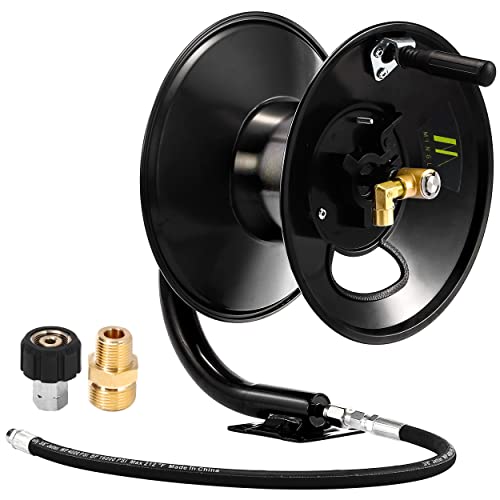 M MINGLE High Pressure Washer Hose Reel 150ft, Heavy Duty Steel Hose Reel, Manual Crank Power Washer Hose Reel with 3/8" Pressure Wash Whip Hose, Swivel Arm and Mounting Bracket, 4000 PSI
