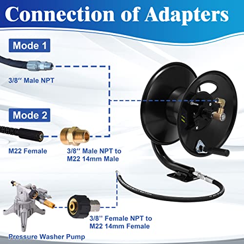 M MINGLE High Pressure Washer Hose Reel 150ft, Heavy Duty Steel Hose Reel, Manual Crank Power Washer Hose Reel with 3/8" Pressure Wash Whip Hose, Swivel Arm and Mounting Bracket, 4000 PSI
