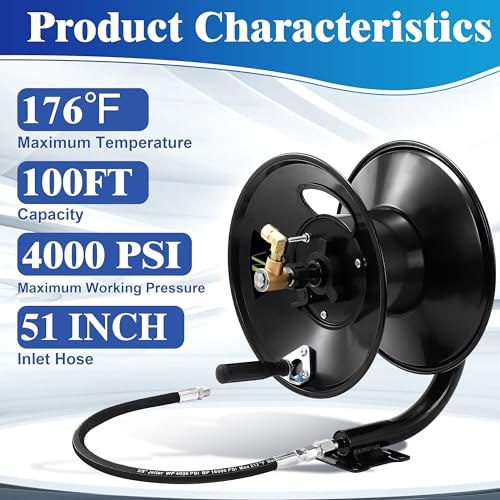M MINGLE High Pressure Washer Hose Reel 150ft, Heavy Duty Steel Hose Reel, Manual Crank Power Washer Hose Reel with 3/8" Pressure Wash Whip Hose, Swivel Arm and Mounting Bracket, 4000 PSI