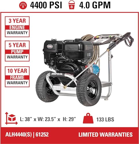 SIMPSON Cleaning ALH3425 Aluminum Series 3600 PSI Gas Pressure Washer, 2.5 GPM, Honda GX200 Engine, Includes Spray Gun and Extension Wand, 5 QC Nozzle Tips, 5/16-inch x 35-foot MorFlex Hose, 49-State