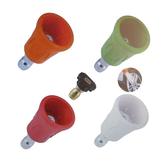 1/4" Hydro Jet QC Nozzle Tips Set Includes 0°, 15°, 25°, 40°, and Soap spray tips with protective trumpet design