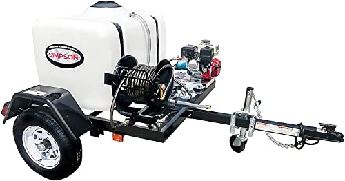 SIMPSON Cleaning 95003 Mobile Trailer 4200 PSI Cold Water Gas Pressure Washer System, 4.0 GPM, Electric Start Honda Engine, Includes Spray Gun and Wand, 5 Nozzles, 3/8-in. x 100-ft. Hose, (49-State)