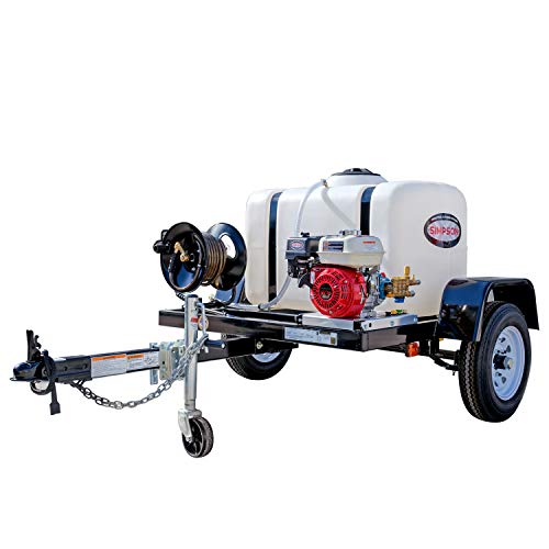 SIMPSON Cleaning 95003 Mobile Trailer 4200 PSI Cold Water Gas Pressure Washer System, 4.0 GPM, Electric Start Honda Engine, Includes Spray Gun and Wand, 5 Nozzles, 3/8-in. x 100-ft. Hose, (49-State)