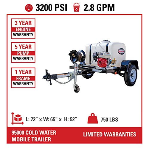 SIMPSON Cleaning 95003 Mobile Trailer 4200 PSI Cold Water Gas Pressure Washer System, 4.0 GPM, Electric Start Honda Engine, Includes Spray Gun and Wand, 5 Nozzles, 3/8-in. x 100-ft. Hose, (49-State)