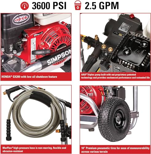 SIMPSON Cleaning ALH3425 Aluminum Series 3600 PSI Gas Pressure Washer, 2.5 GPM, Honda GX200 Engine, Includes Spray Gun and Extension Wand, 5 QC Nozzle Tips, 5/16-inch x 35-foot MorFlex Hose, 49-State