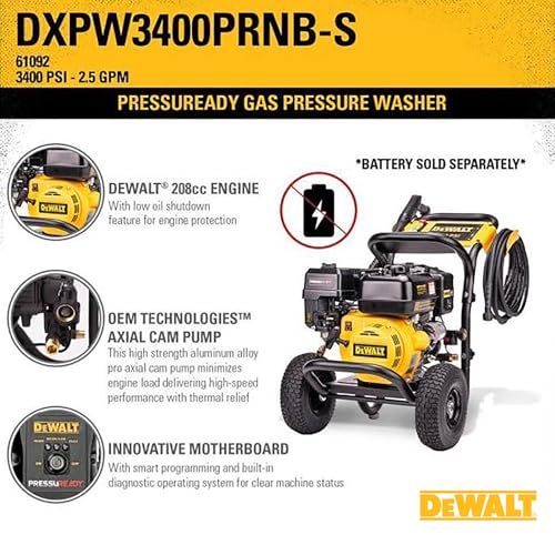 DeWalt DXPW3400PRNB-S PressuReady 3400 PSI Gas Pressure Washer with Quick Start Technology, 2.5 GPM Axial Cam Pump, 208cc Engine, Cold Water, Includes 25-Ft Hose, Nozzles, Spray Gun & Wand (50-State)