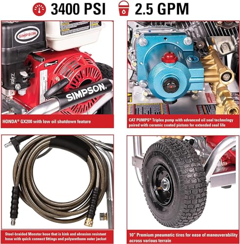 SIMPSON Cleaning ALH3425 Aluminum Series 3600 PSI Gas Pressure Washer, 2.5 GPM, Honda GX200 Engine, Includes Spray Gun and Extension Wand, 5 QC Nozzle Tips, 5/16-inch x 35-foot MorFlex Hose, 49-State