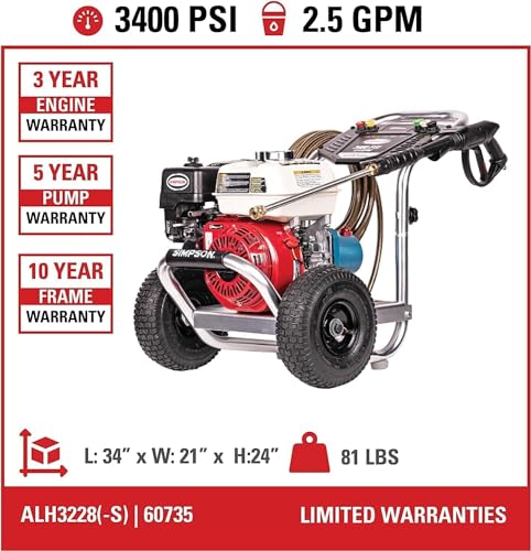 SIMPSON Cleaning ALH3425 Aluminum Series 3600 PSI Gas Pressure Washer, 2.5 GPM, Honda GX200 Engine, Includes Spray Gun and Extension Wand, 5 QC Nozzle Tips, 5/16-inch x 35-foot MorFlex Hose, 49-State