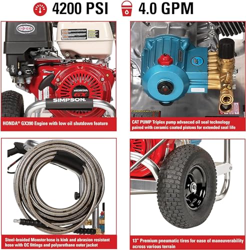 SIMPSON Cleaning ALH3425 Aluminum Series 3600 PSI Gas Pressure Washer, 2.5 GPM, Honda GX200 Engine, Includes Spray Gun and Extension Wand, 5 QC Nozzle Tips, 5/16-inch x 35-foot MorFlex Hose, 49-State