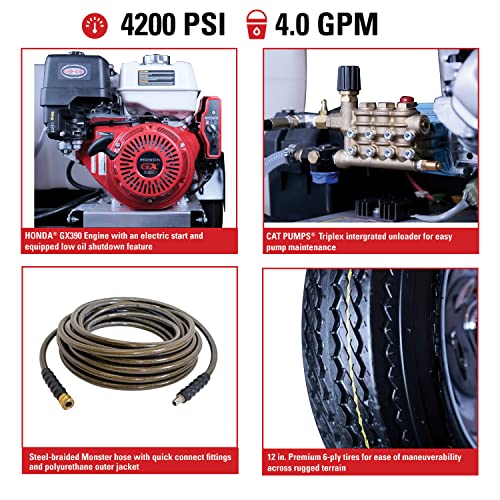 SIMPSON Cleaning 95003 Mobile Trailer 4200 PSI Cold Water Gas Pressure Washer System, 4.0 GPM, Electric Start Honda Engine, Includes Spray Gun and Wand, 5 Nozzles, 3/8-in. x 100-ft. Hose, (49-State)