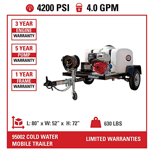 SIMPSON Cleaning 95003 Mobile Trailer 4200 PSI Cold Water Gas Pressure Washer System, 4.0 GPM, Electric Start Honda Engine, Includes Spray Gun and Wand, 5 Nozzles, 3/8-in. x 100-ft. Hose, (49-State)