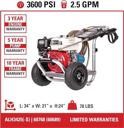 SIMPSON Cleaning ALH3425 Aluminum Series 3600 PSI Gas Pressure Washer, 2.5 GPM, Honda GX200 Engine, Includes Spray Gun and Extension Wand, 5 QC Nozzle Tips, 5/16-inch x 35-foot MorFlex Hose, 49-State