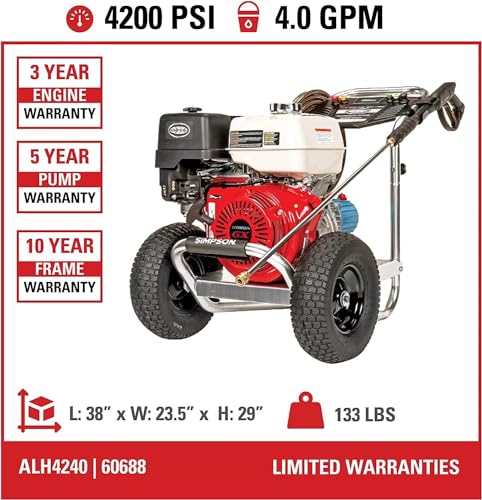 SIMPSON Cleaning ALH3425 Aluminum Series 3600 PSI Gas Pressure Washer, 2.5 GPM, Honda GX200 Engine, Includes Spray Gun and Extension Wand, 5 QC Nozzle Tips, 5/16-inch x 35-foot MorFlex Hose, 49-State