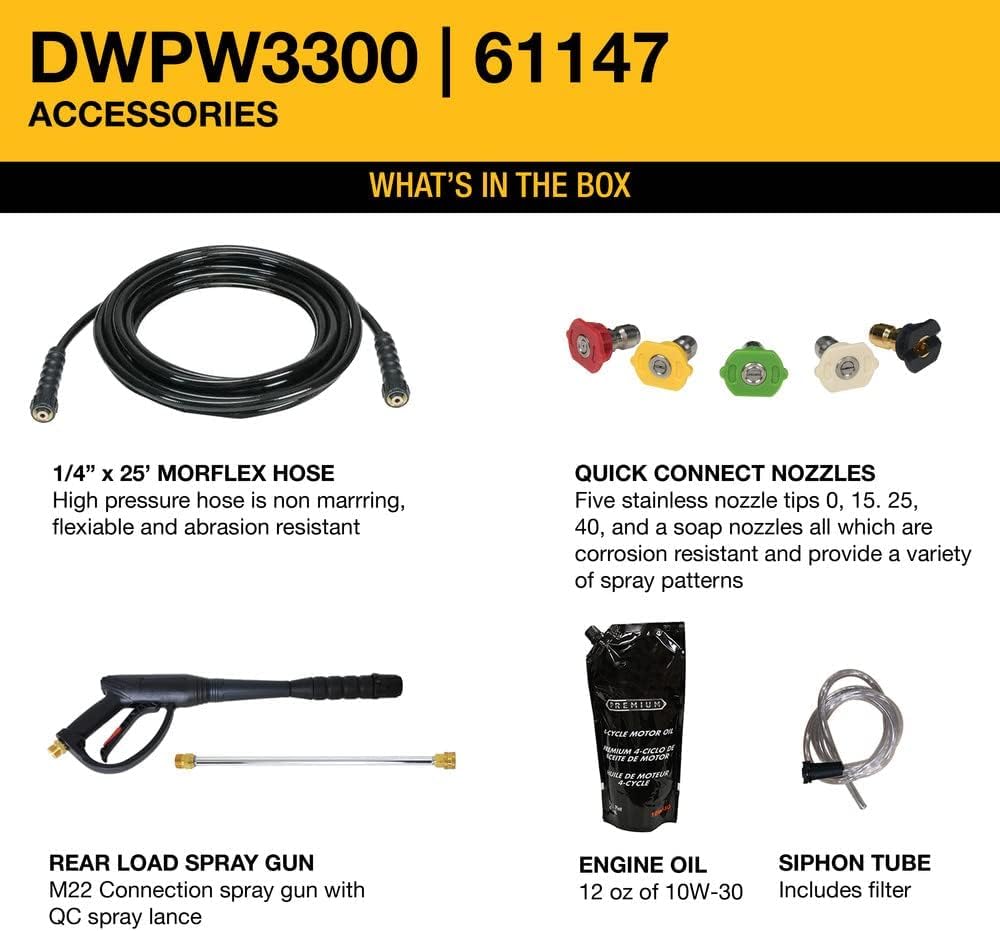 Dewalt DXPW3300-S 3300 PSI Gas Pressure Washer, 2.4 GPM Axial Cam Pump, 208cc Engine, Spray Gun and Wand, 5 QC Nozzles, 1/4-in. x 25-ft. Hose, 49-State