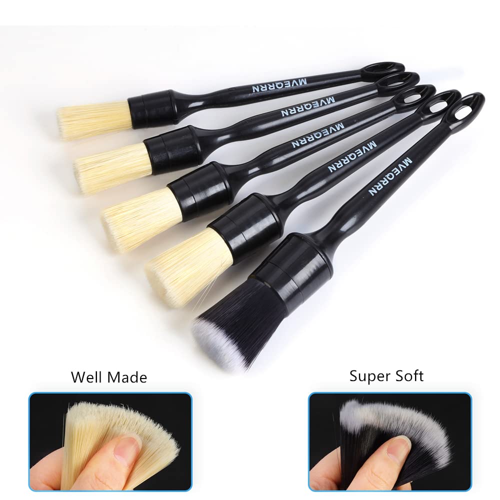 Boars Hair Ultra Soft Detailing Brushes Set, 4 Pcs Premium Natural Boars Bristles, 1 Pcs Duster Detail Brush for Cleaning Car Interior Dashboard Leather Seat