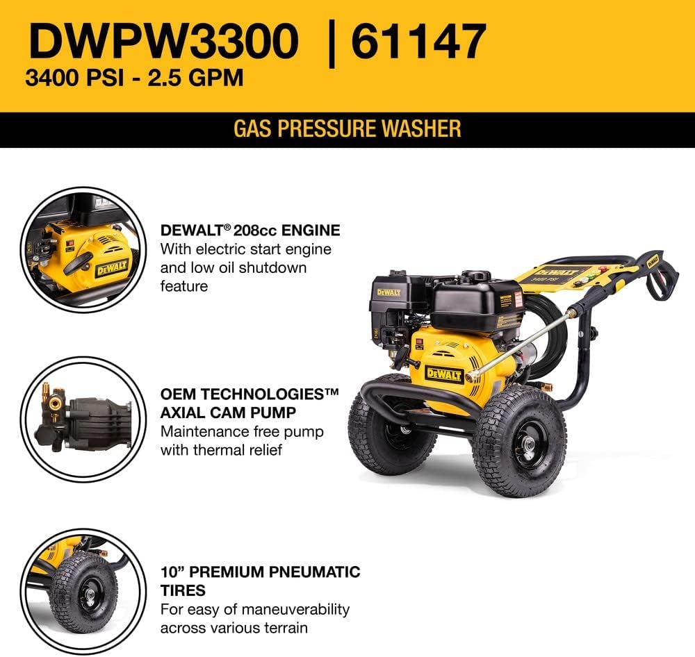 Dewalt DXPW3300-S 3300 PSI Gas Pressure Washer, 2.4 GPM Axial Cam Pump, 208cc Engine, Spray Gun and Wand, 5 QC Nozzles, 1/4-in. x 25-ft. Hose, 49-State