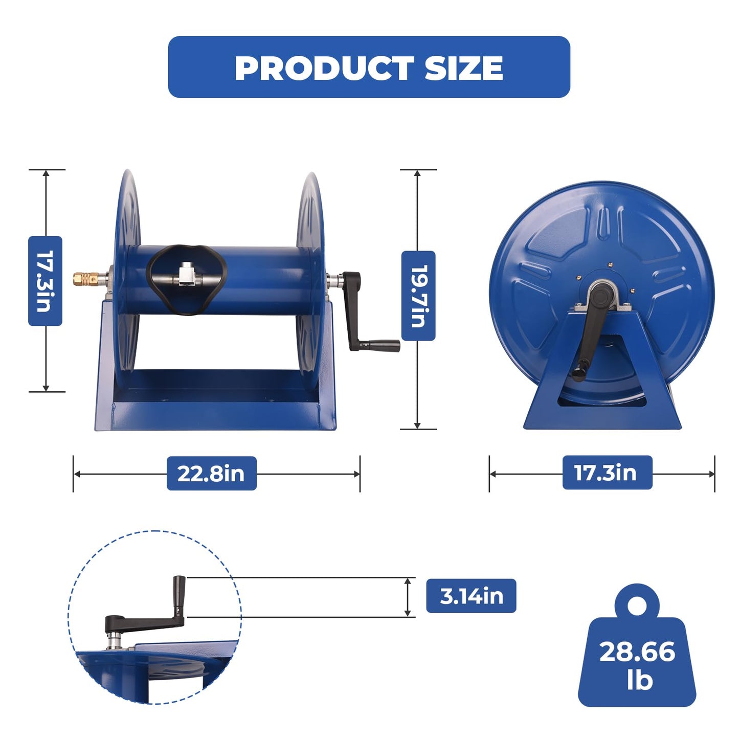 Dawot Air Hose Reel 1/2in. x 225ft. Air Compressor Hose Reel 360° Swivel Fitting Max 4000PSI Commercial Hand Crank Manual Pressure Washer Hose Reel (Hose Not Included)