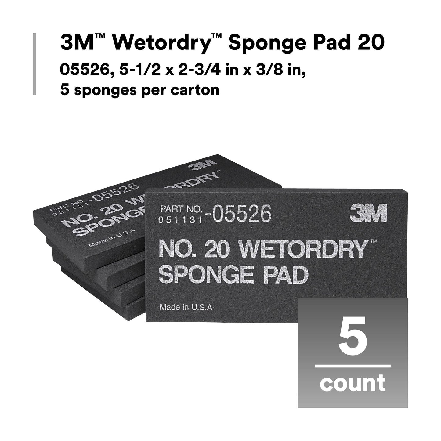 3M Wetordry Sponge Pad 20, 05526, 5-1/2 in x 2-3/4 in x 3/8 in, Flexible, Long Lasting, Automotive Sponge, Black