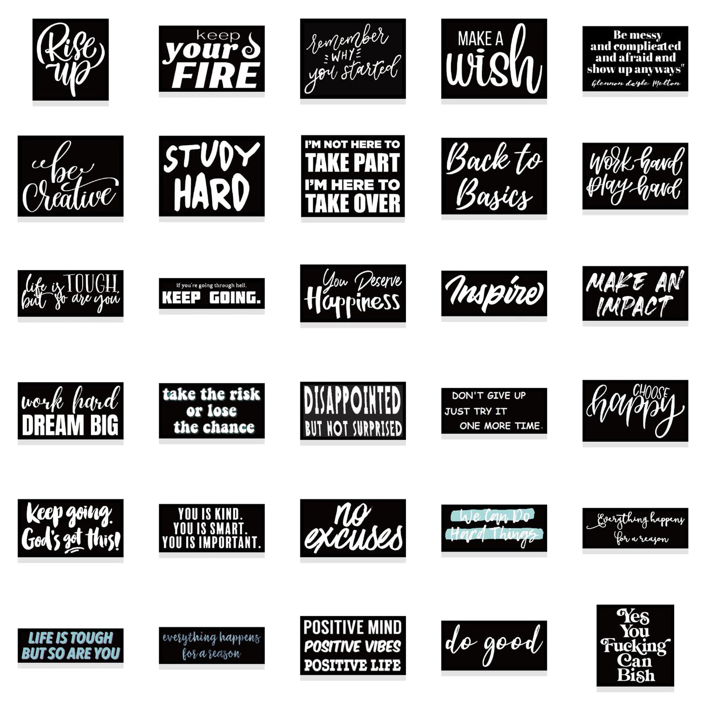 60Pcs Cool Black Inspirational Stickers Decals for Kids, Teens Premium Waterproof Vinyl Motivational Phrase Stickers for Water Bottles, Skateboards, Laptops, Phone Cases, Guitars, Helmets, Bikes