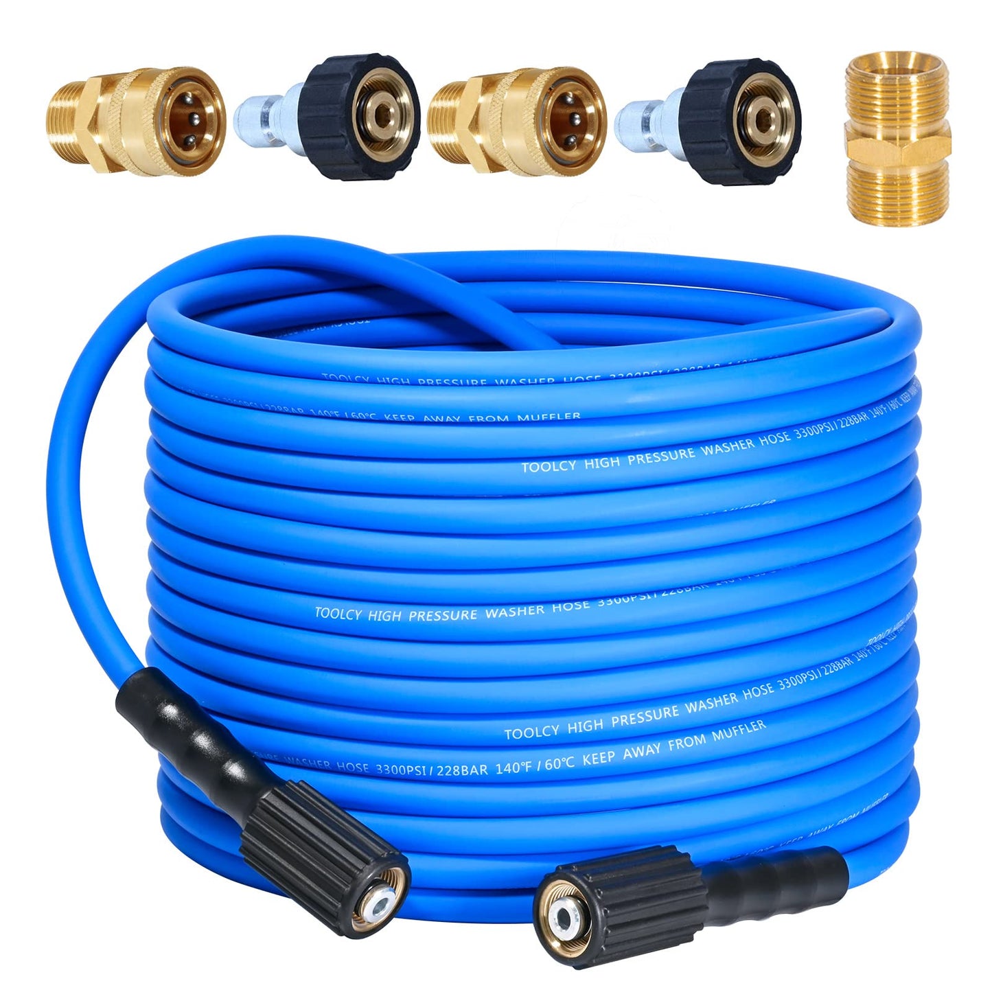 TOOLCY Super Flexible Pressure Washer Hose 30ft, 3300 PSI Kink Resistant Power Washer Hose 1/4 in., Replacement Power Wash Hose with M22 & 3/8" Quick Connection Kit for Gas & Electric