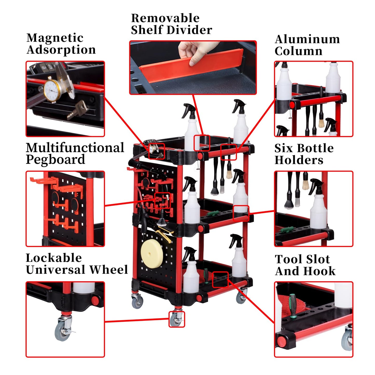 Auto Detailing Tool Cart with Pegboard-Car Detailing Organizer for Garage DIY Home Studio Projects