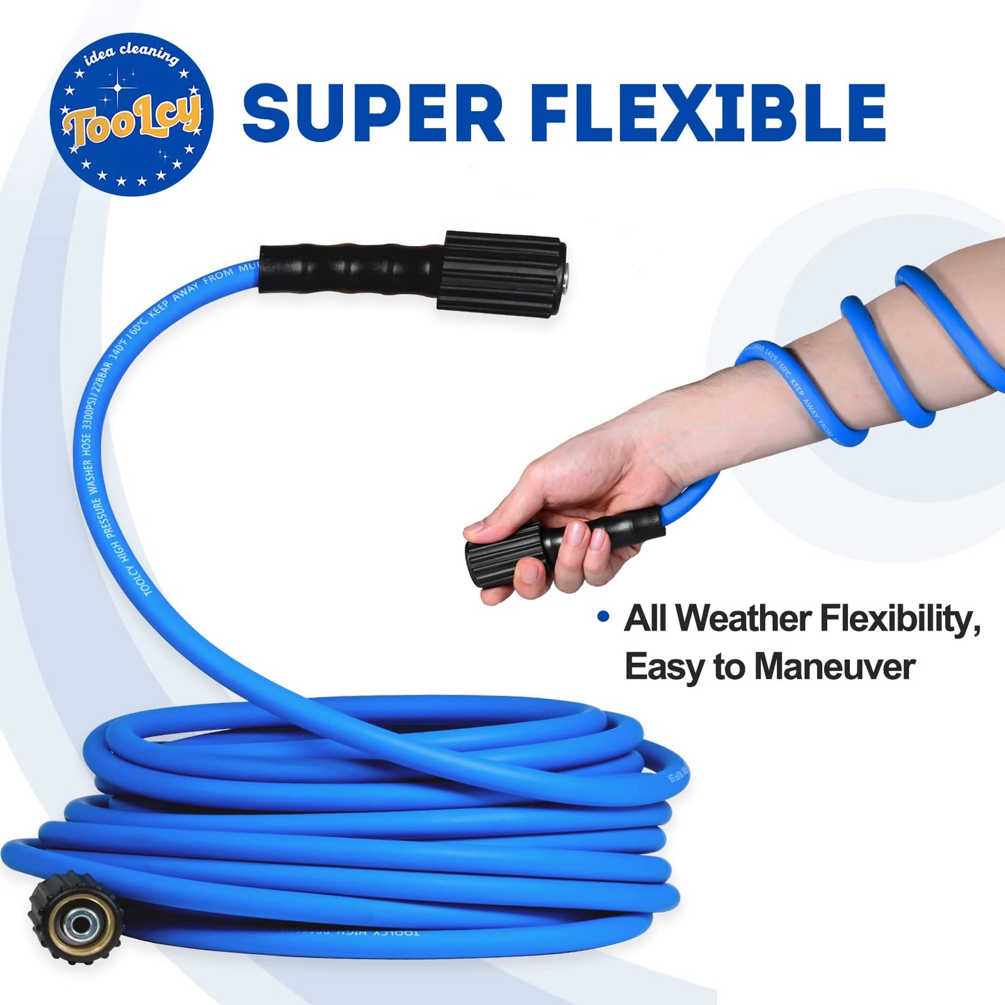 TOOLCY Super Flexible Pressure Washer Hose 30ft, 3300 PSI Kink Resistant Power Washer Hose 1/4 in., Replacement Power Wash Hose with M22 & 3/8" Quick Connection Kit for Gas & Electric