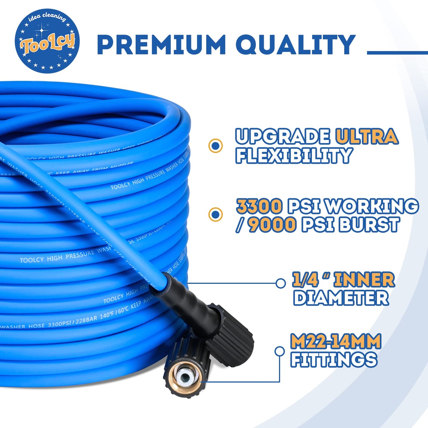 TOOLCY Super Flexible Pressure Washer Hose 30ft, 3300 PSI Kink Resistant Power Washer Hose 1/4 in., Replacement Power Wash Hose with M22 & 3/8" Quick Connection Kit for Gas & Electric