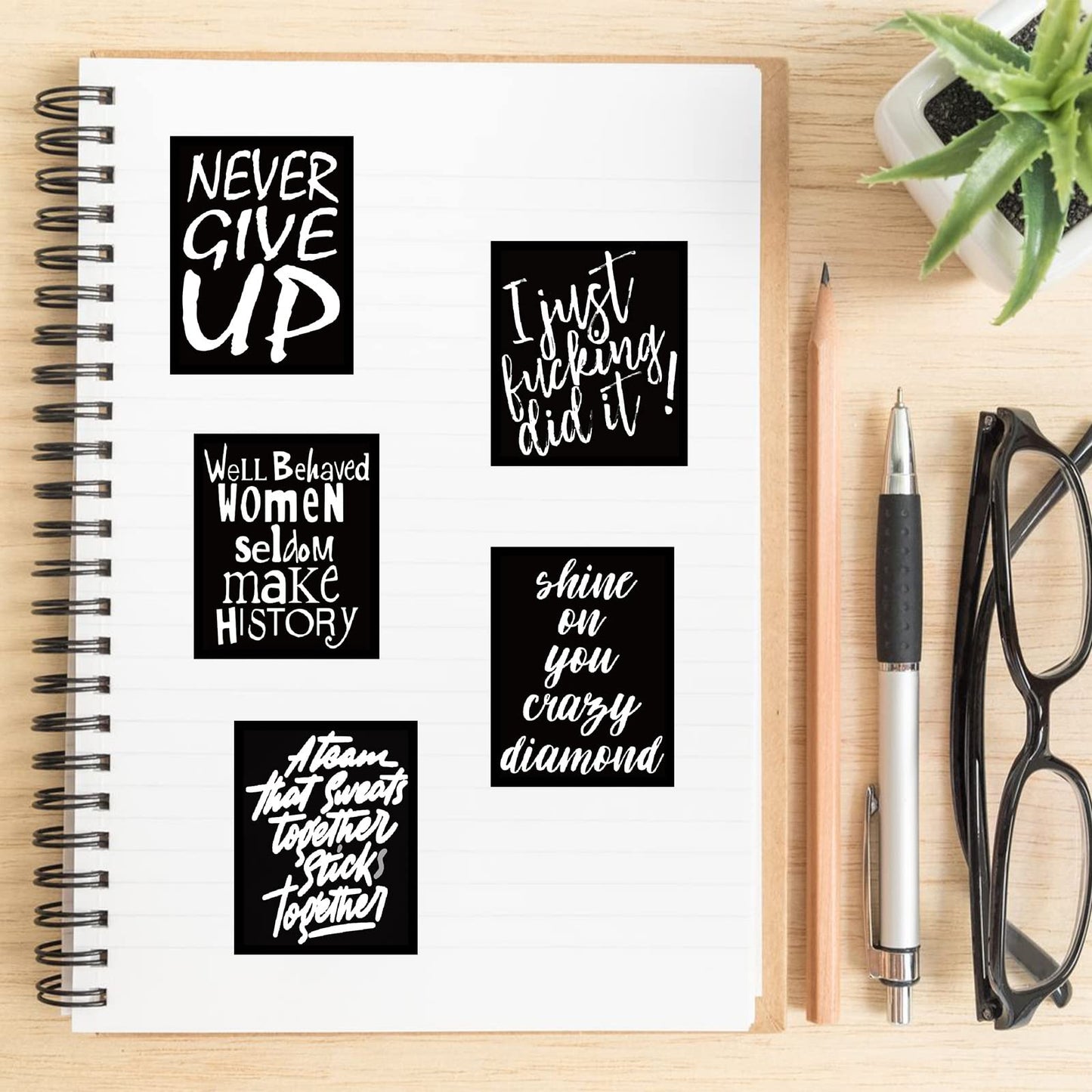 60Pcs Cool Black Inspirational Stickers Decals for Kids, Teens Premium Waterproof Vinyl Motivational Phrase Stickers for Water Bottles, Skateboards, Laptops, Phone Cases, Guitars, Helmets, Bikes