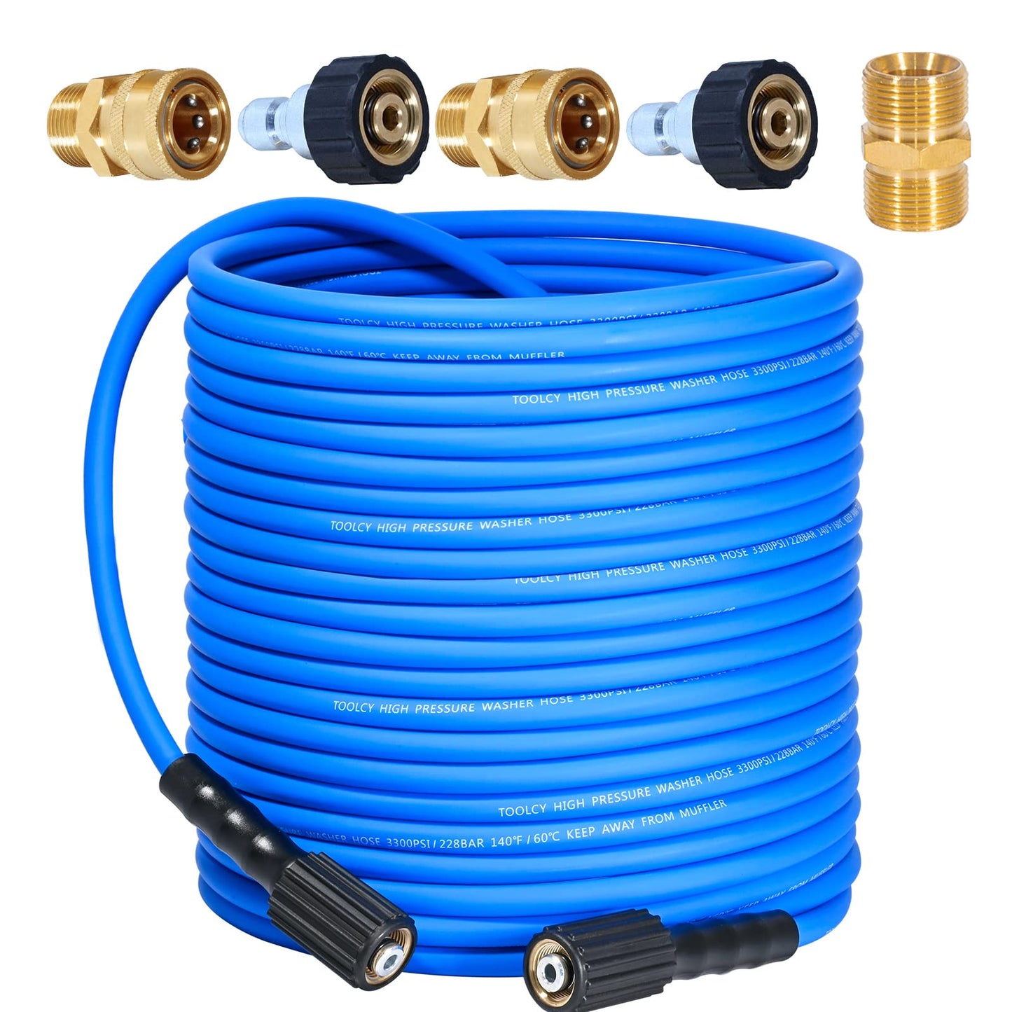 TOOLCY Super Flexible Pressure Washer Hose 30ft, 3300 PSI Kink Resistant Power Washer Hose 1/4 in., Replacement Power Wash Hose with M22 & 3/8" Quick Connection Kit for Gas & Electric