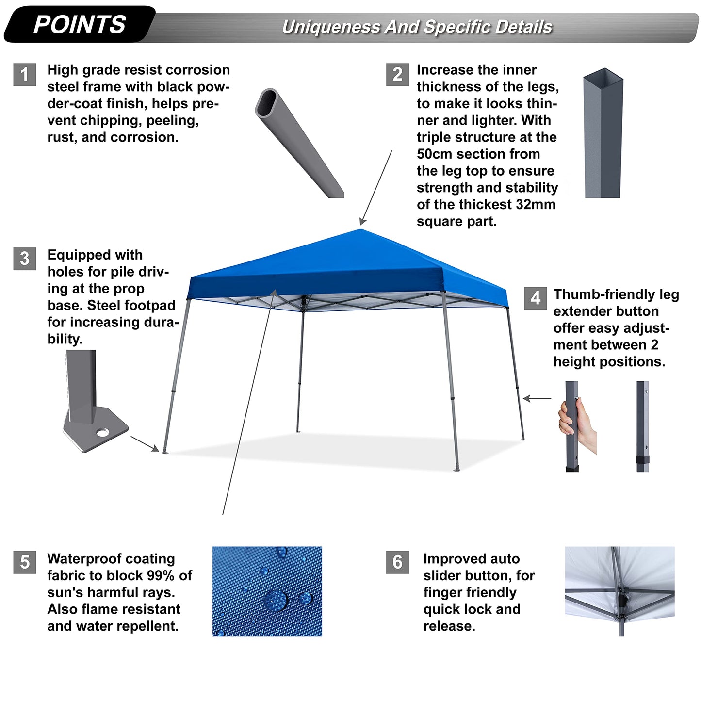 ABCCANOPY Stable Pop up Outdoor Canopy Tent 8 x 8 ft Base / 6 x 6 ft Top, Royal Blue