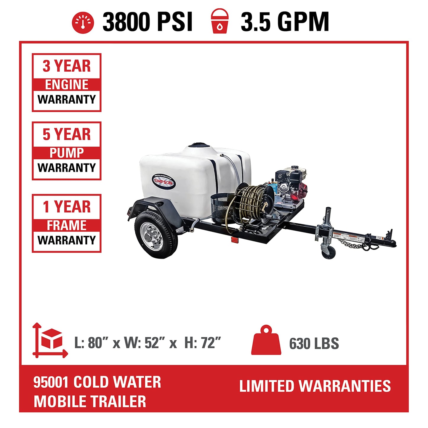 SIMPSON Cleaning 95003 Mobile Trailer 4200 PSI Cold Water Gas Pressure Washer System, 4.0 GPM, Electric Start Honda Engine, Includes Spray Gun and Wand, 5 Nozzles, 3/8-in. x 100-ft. Hose, (49-State)