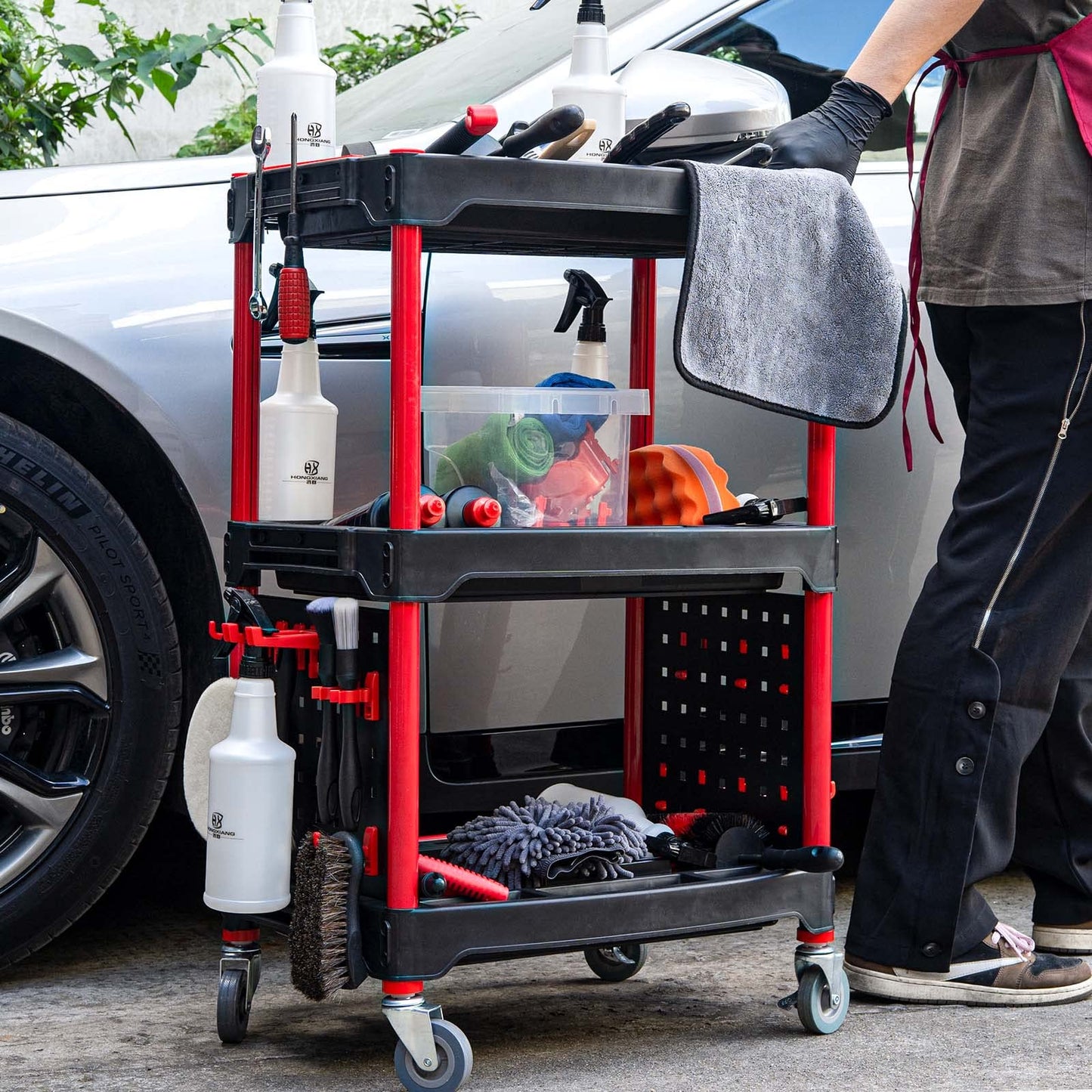 Auto Detailing Tool Cart with Pegboard-Car Detailing Organizer for Garage DIY Home Studio Projects