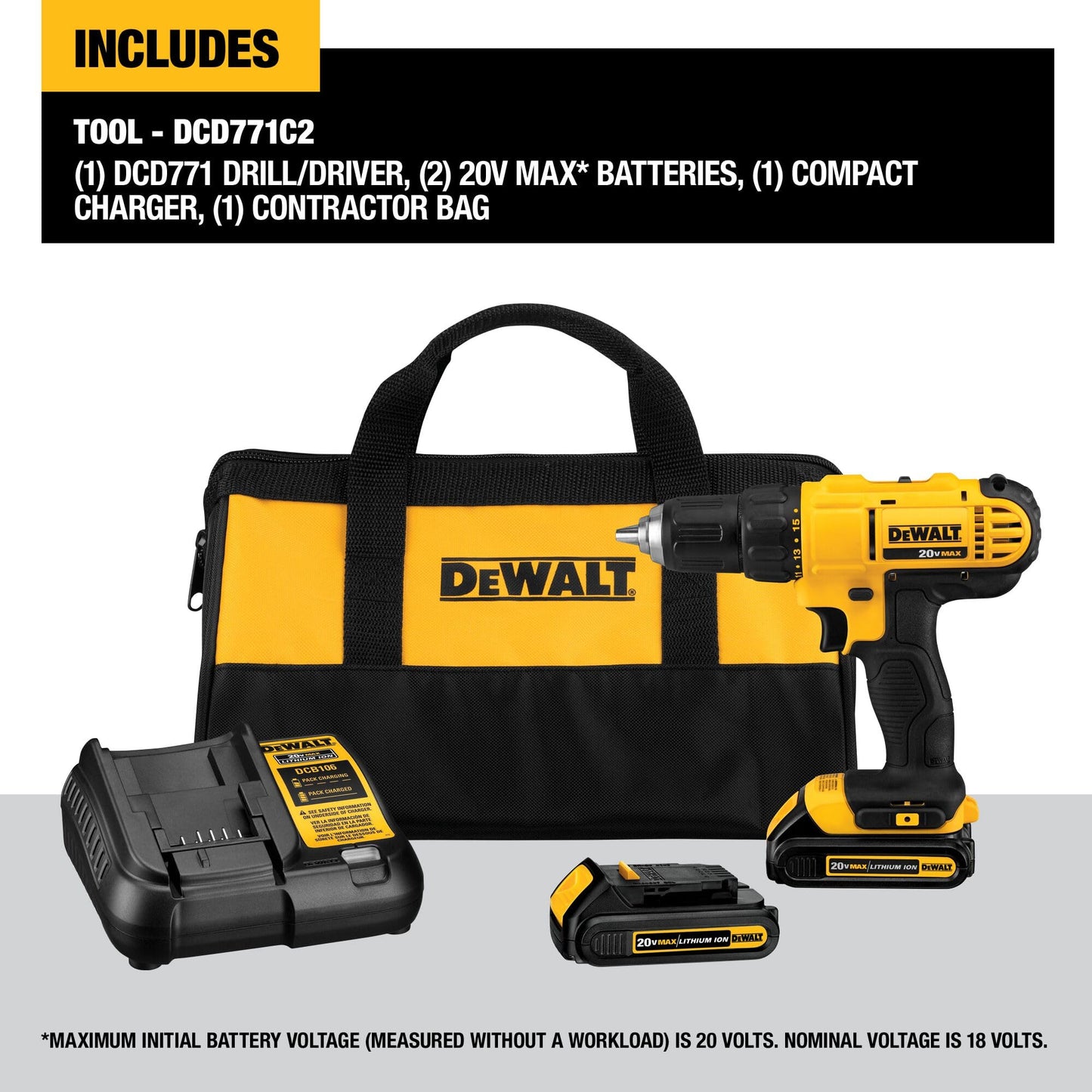 DEWALT 20V Max Cordless Drill / Driver Kit, Compact, 1/2-Inch (DCD771C2), Dewalt Yellow