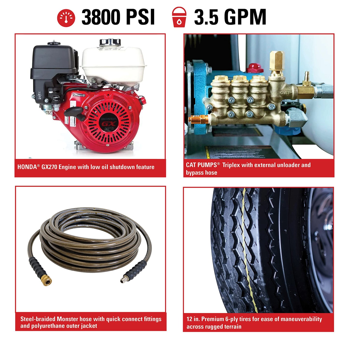 SIMPSON Cleaning 95003 Mobile Trailer 4200 PSI Cold Water Gas Pressure Washer System, 4.0 GPM, Electric Start Honda Engine, Includes Spray Gun and Wand, 5 Nozzles, 3/8-in. x 100-ft. Hose, (49-State)